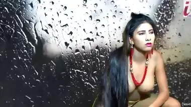 Indian girl with detached face poses with yellow sari and opens boobs