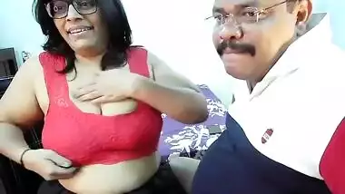 Nerdy Desi man worships saggy XXX tits of his chubby wife on webcam